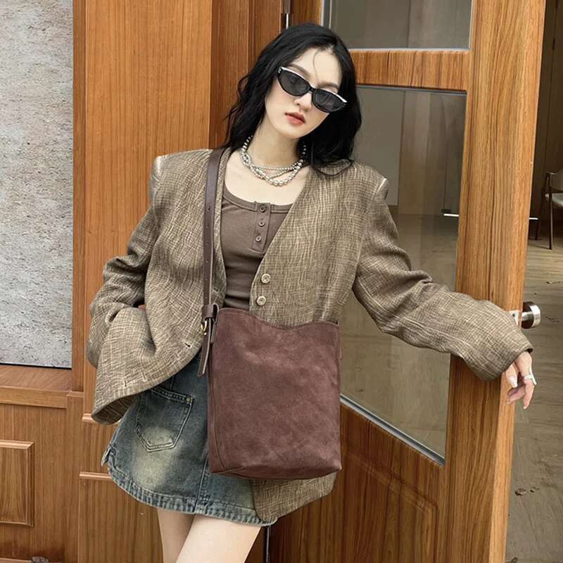 2024 Newest Women Suede Female Frosted Cowhide Split Leather Bucket Shoulder Bag Lady 2Pcs Set Crossbody Messenger Wholesale