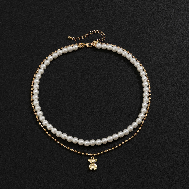 Imitation Pearl Bear Pendant Double Necklace Male Hip Hop Everything Collarbone Chain Choker Jewelry