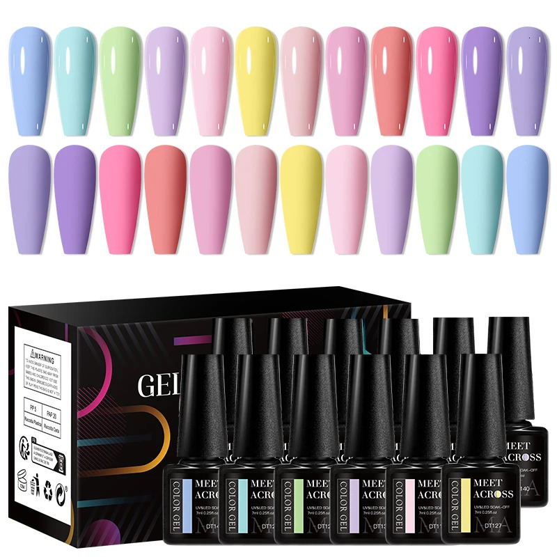 MEET ACROSS 12Pcs/Set Gel Nail Polish Set Colorful Glitter Nail Art Long-Lasting Soak Off UV Gel Kit for Manicure Nails Vernis 250314