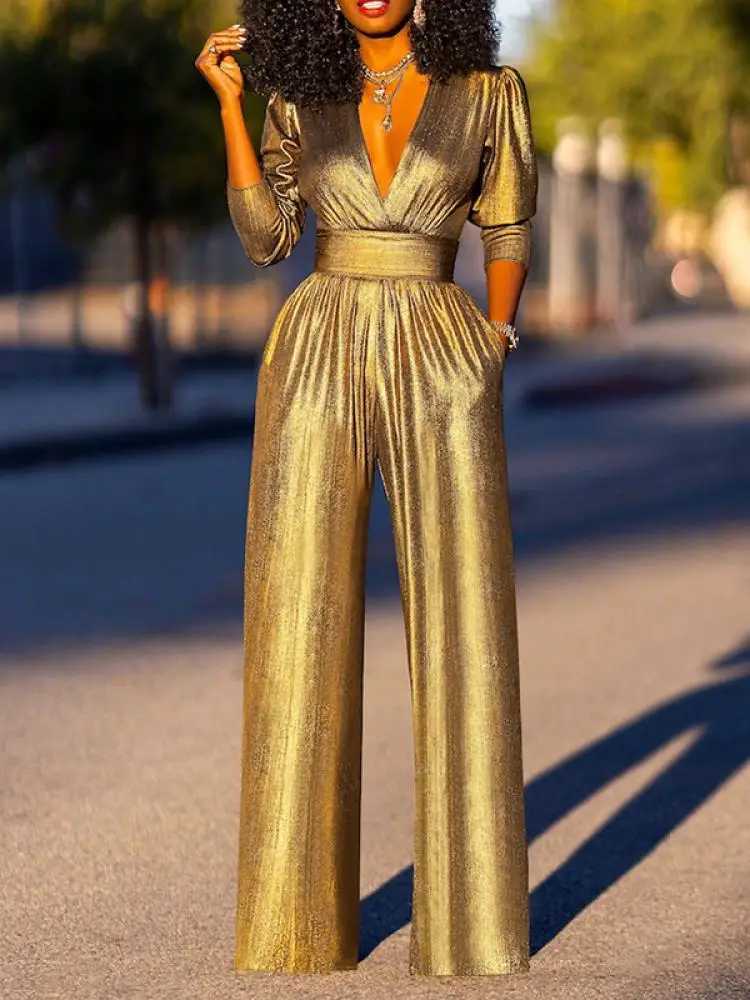 Bonboho womens solid color jumpsuit Dp V-neck Thr Quarter Slves high waist wide leg Oe one-piece summer casual jumpsuit X250318
