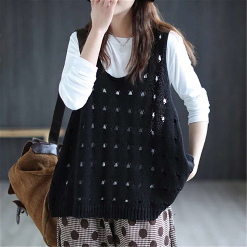 Hollow Out Women Loose Sleeveless All Match Female New Knitted Vest Sweater Korean Preppy Style Sweet Girl's Tops