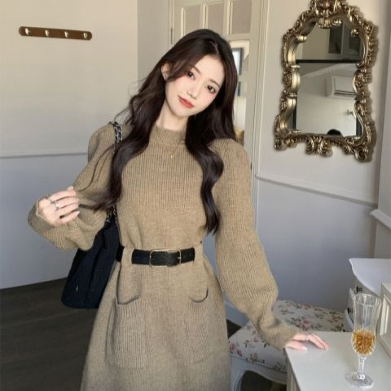 L1380 knitted dress women's autumn new waist slim design half-length sweater dress