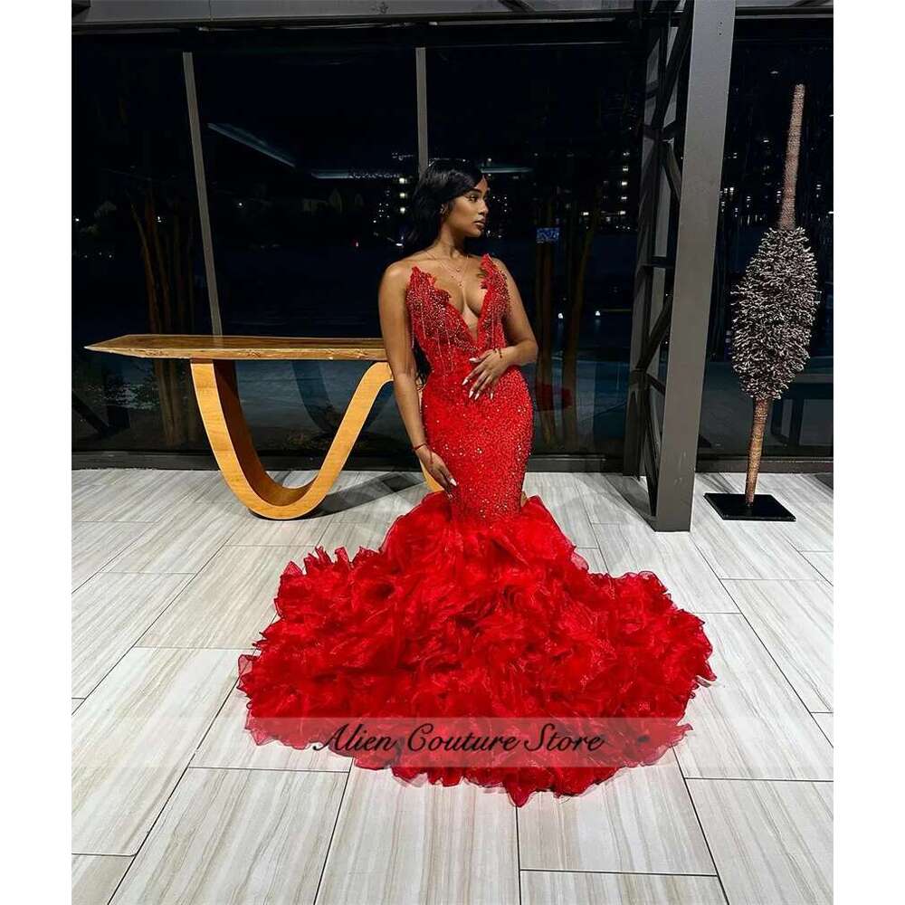 Charming Red Prom Dresses 2025 Sweetheart Beading Dias Ruffles Birthday Party Dress For Black Girls Customized Dr0318