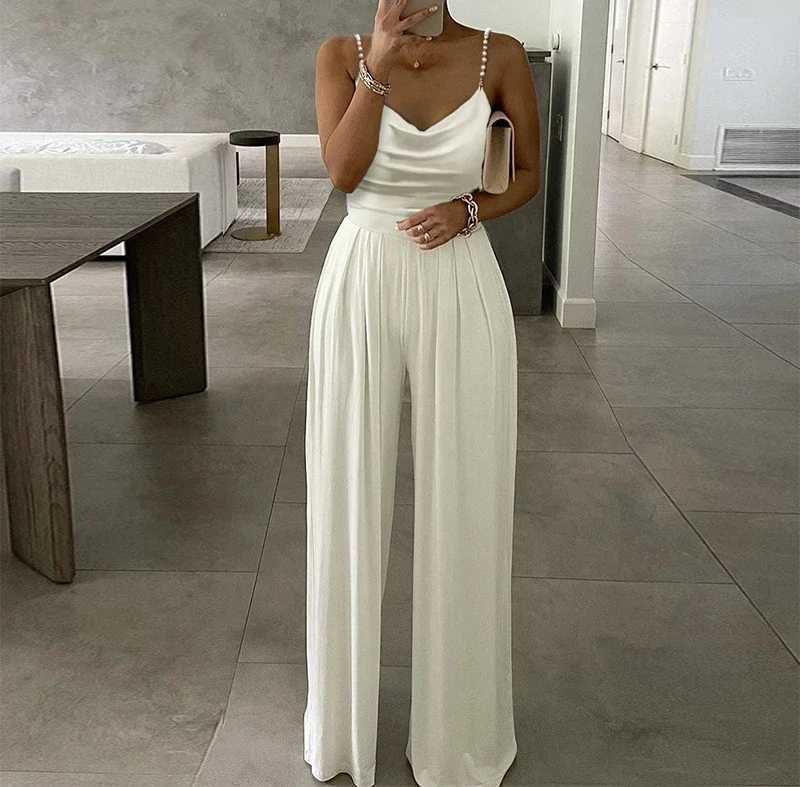 Sleveless Jump Suits for Women Strtwear 2023 Autumn Pearl Pendant Wide Leg V-neck Backless Pants Womens jumpsuit X250318