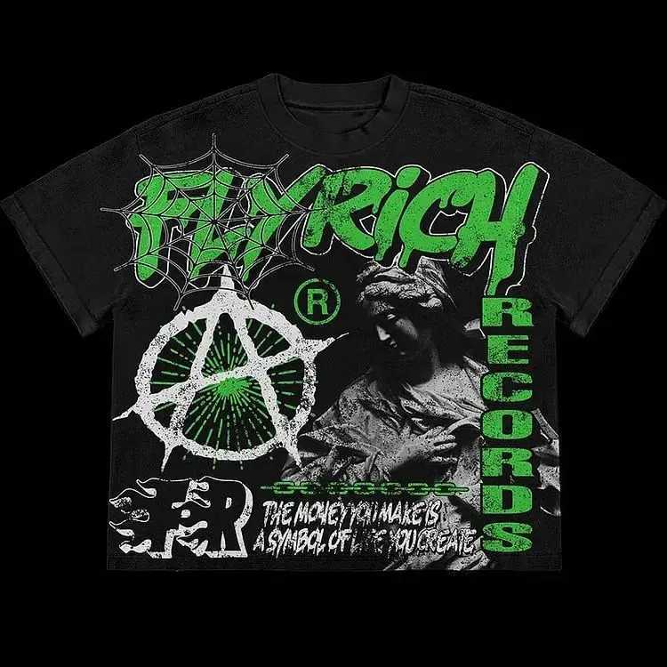 Y2K retro FlyRich 2019 world graphic print 100% pure cotton T-shirt mens short sleeved retro oversized T-shirt womens topXJ250318