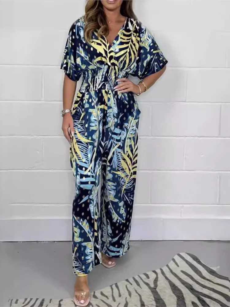 2025 Summer Elegant Womens Printed Folding jumpsuit Fashion V-neck Short Sleeve Elastic Waist Wide Leg Pants Casual Slimming jumpsuit X250318