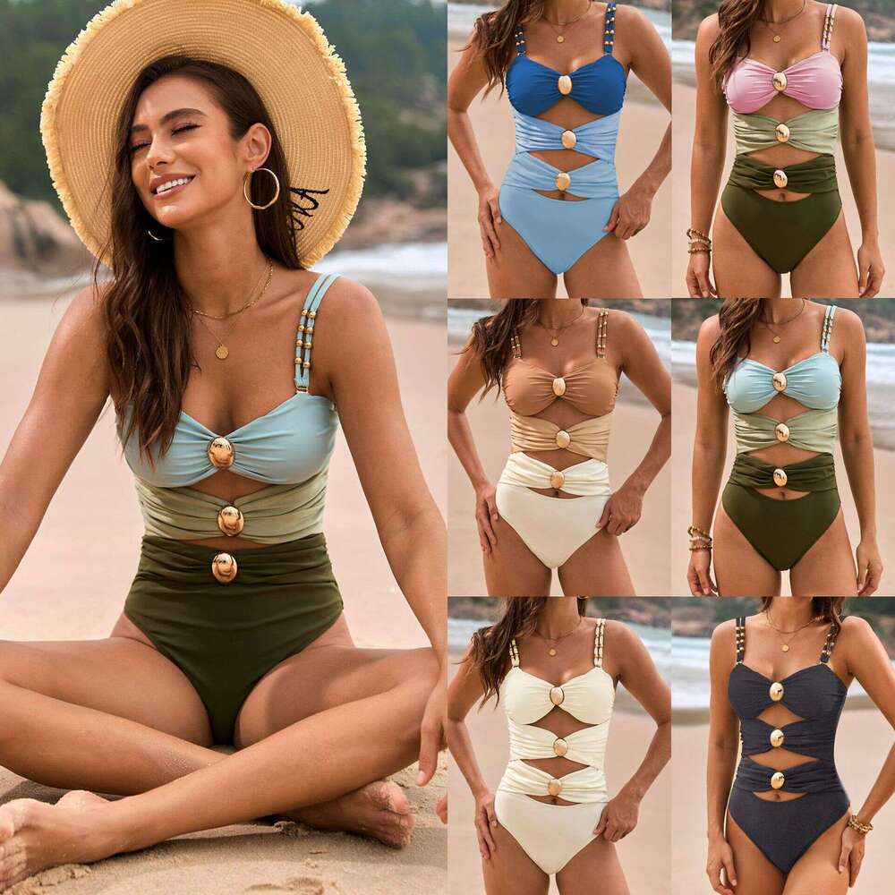 Tight Dress Women's Bags New Solid Color Splicing Metal Buckle One-Piece Swimsuit