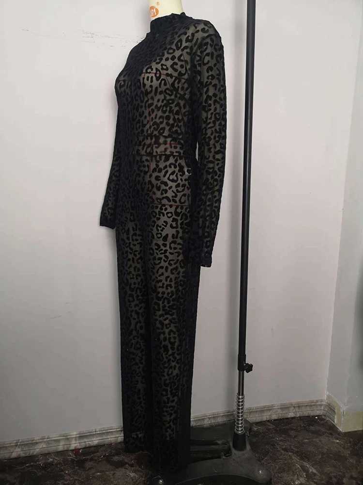 Sibybo Fashion Gauze Jumpsuits Sexy Leopard Print S Through Rompers Casual Basic Long Slves Wide Leg Pants Hot Girl Clothing X250318