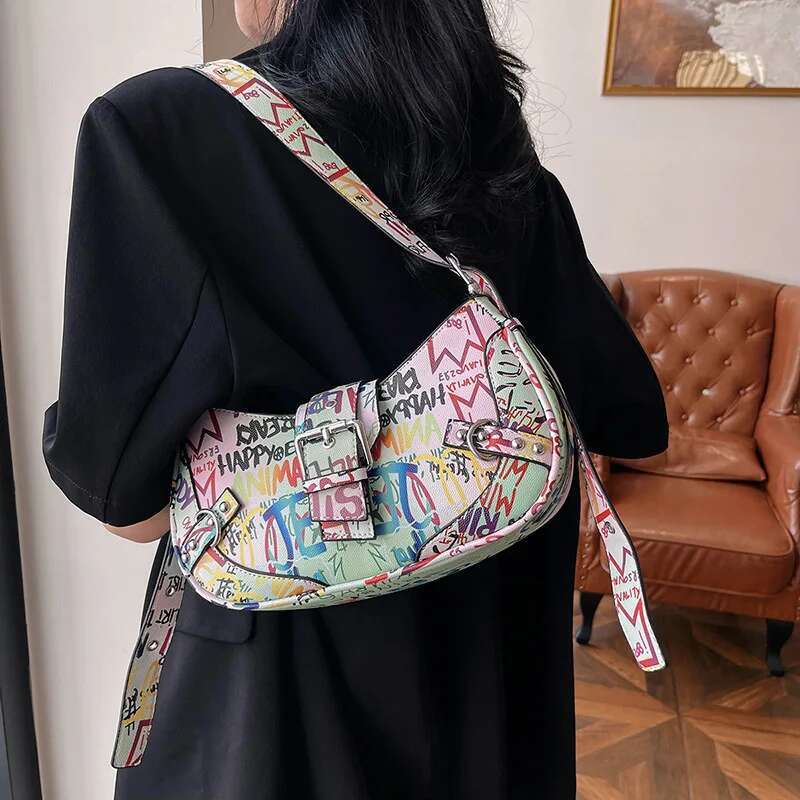 Hip Hop Graffiti Bags For Women 2025 New Leather Underarm Shoulder Bag Ladies Letter Fashion High Quality Hobos Handbag