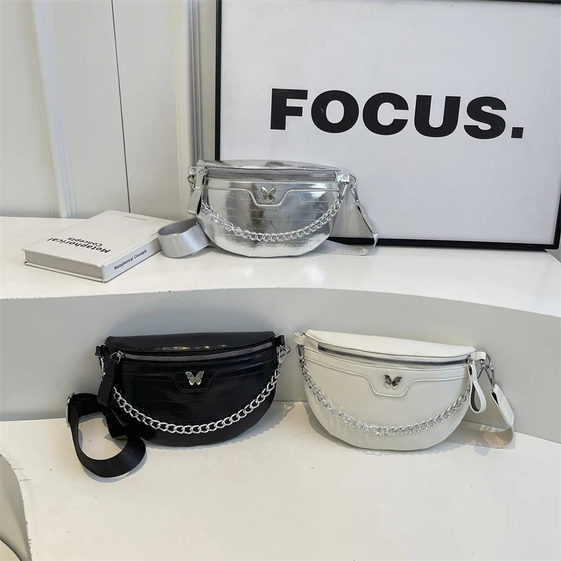 Womens luggage casual banana bag fashionable cross shaped bag womens chain handbag womens waist bag half moon belt bag 250317