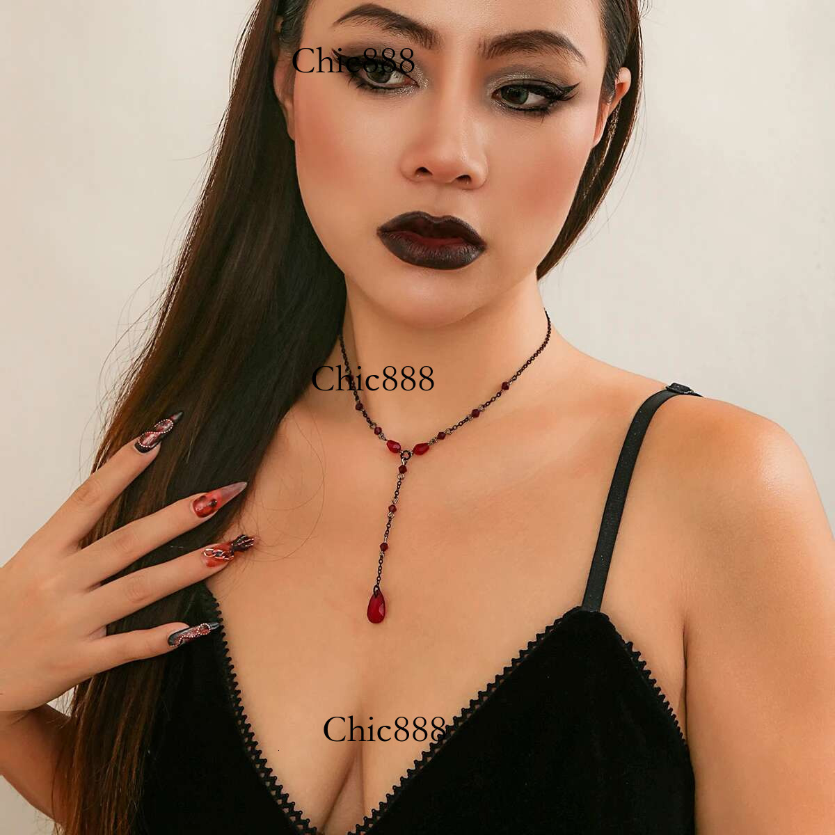 Goth Black Water Drop Crystal Chest Chain Necklace for Women Collares Vintage Sexy k Choker Y2K Halloween Jewelry Accessories