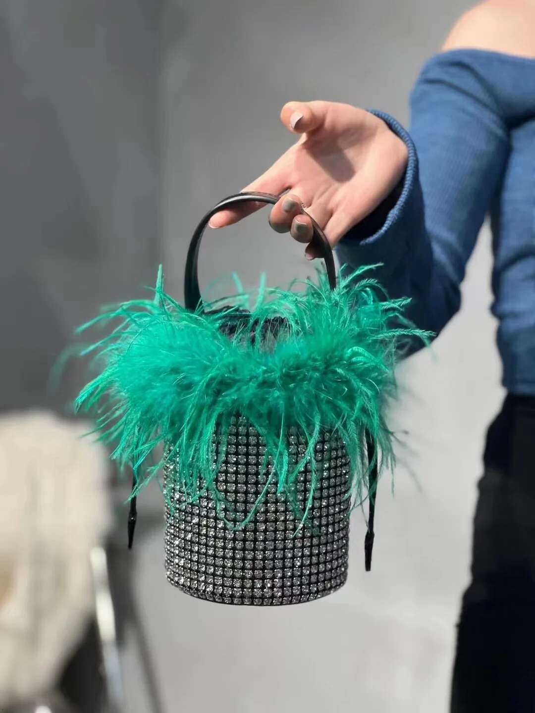 Fashion Ostrich Hair Bucket Women's Handbag Glitter Rhies Dia Evening Wedding Party Clutch Purse Shoulder Bag