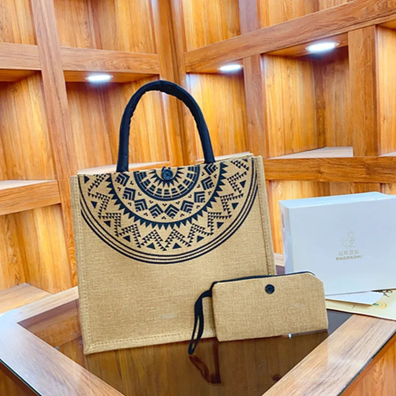 2 Pcs Linen Tote Bag Large Capacity Canvas Handbag Shopping Bags Makeup Bag Coin Purse for Wedding Birthday Gift Beach Vacation R250318