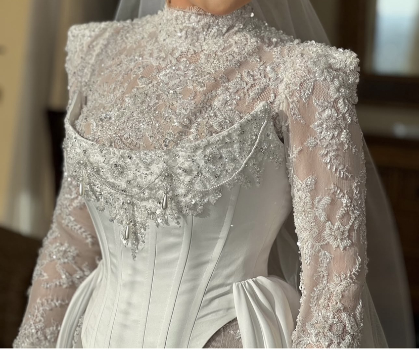 Elegant Wedding Dresses Appliques Beaded Mermaid Bridal Gowns Detachable Train Long Sleeve High Neck Custom Made Illusion Bride Dress Vestidos De Novi