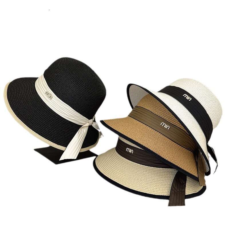 Summer metal letter label woven ribbon bow straw for women, beach vacation hat, outdoor protection sun hat