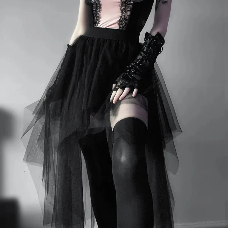 Sexy Net Yarn High-Waisted Irregular Skirt for Women Summer European and American Gothic Style Versatile Casual Skirts Punk 250318