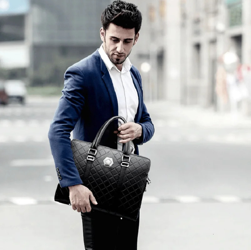 Korean fashion mens high-quality leather business briefcase diamond checkered shoulder bag large capacity handbag notebook bag 250317