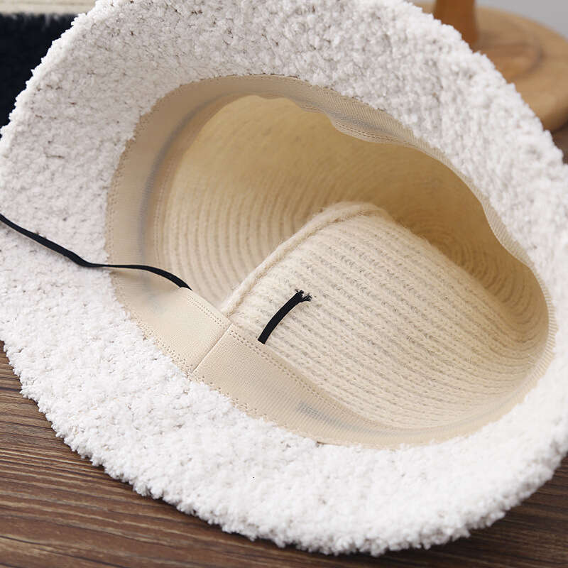 Splicing Women's Autumn Winter Plush Fisherman's Korean Edition Warm Knitted Bucket Fashionable Face Showing Small Hat Trendy