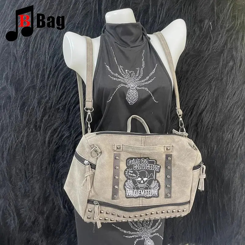 Y2k Girl Vintage Harajuku Punk Gothic Skeleton Rivet Womens Versatile Fashion Backpack Casual Large capacity Two Shoulders bag 250318