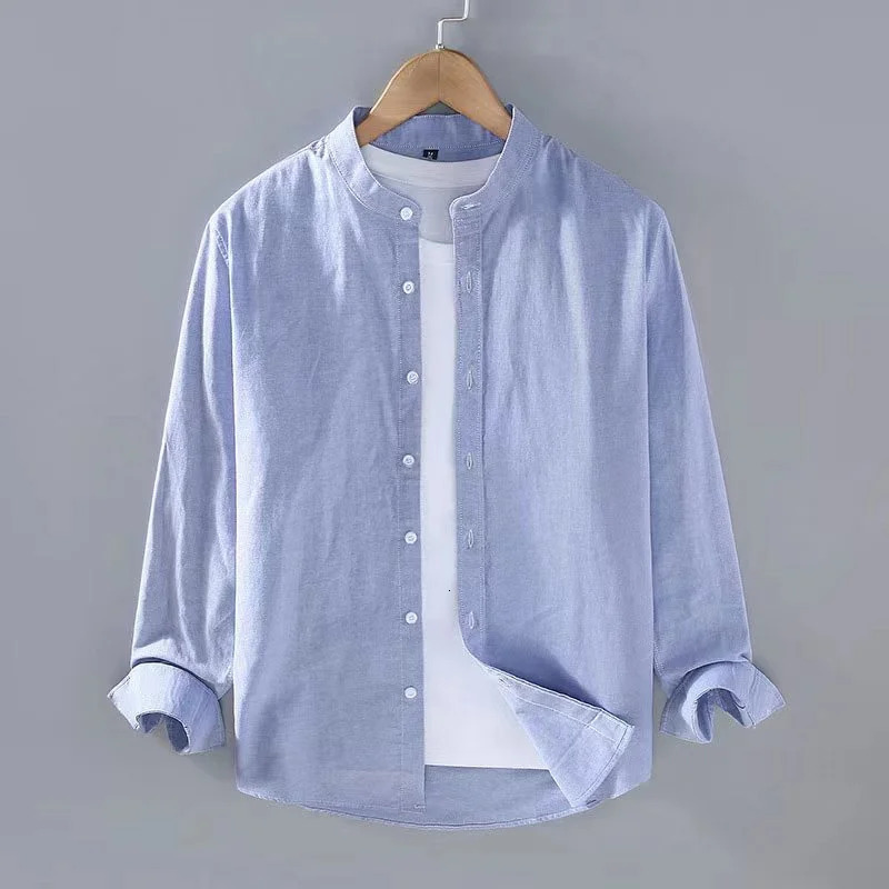 Spring/Summer Mens Linen Shirt Pure White Stand Collar Long Sleeve Henley Soft Comfortable Simple and Fashionable 250317
