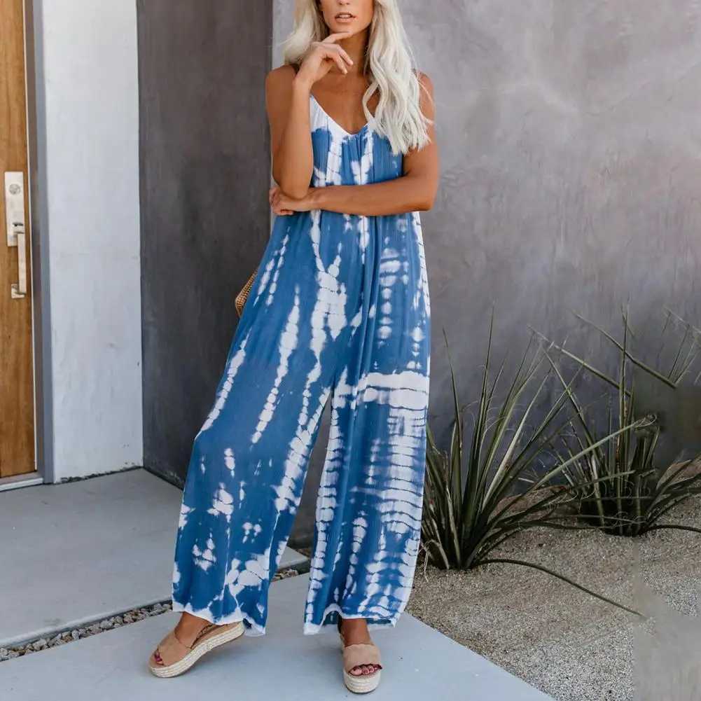 Summer womens casual jumpsuit tie dye wide leg jumpsuit V-neck backless sling jumpsuit daily casual jumpsuit American pendant X250318
