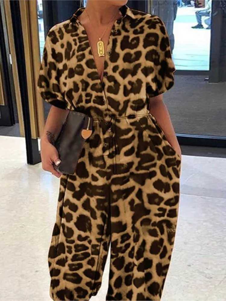 Summer fashion V-neck button up tie jumpsuit short Slve loose Playsuit jacket womens elegant leopard print pocket jumpsuit X2503181
