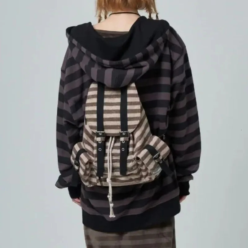 Y2k Striped Casual Backpacks Mochila Drawstring College Student School Bag Large Capacity Versatile Women Bags Bolsos De Mujer 250318