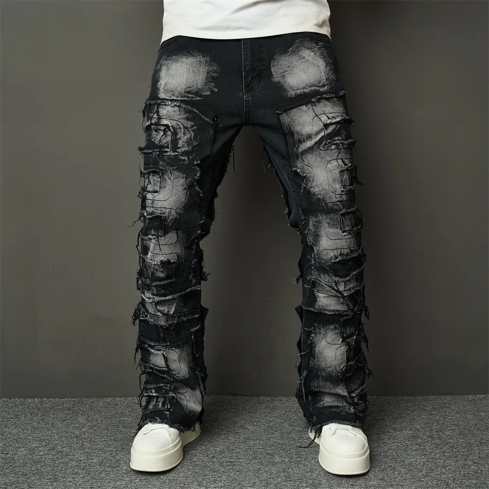 Streetwear HipHop Men Ripped Spliced Patch Straight Jeans Stylish Male Distressed Loose Biker Denim Pants 250408