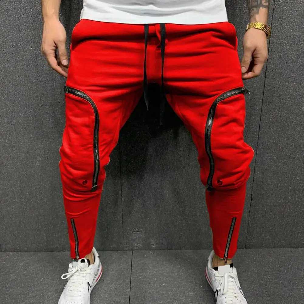 Commodity pants mens solid color drawstring casual multi zipper pocket mens harem pants W250318