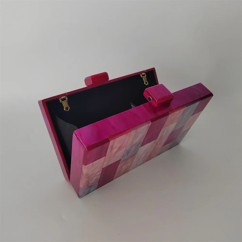 Pearl Rose Pink Plaid Acrylic Box Evening Clutch Bags Wedding Women Dinner Dress Purses er Ladies Chain Handbag Chic 250318