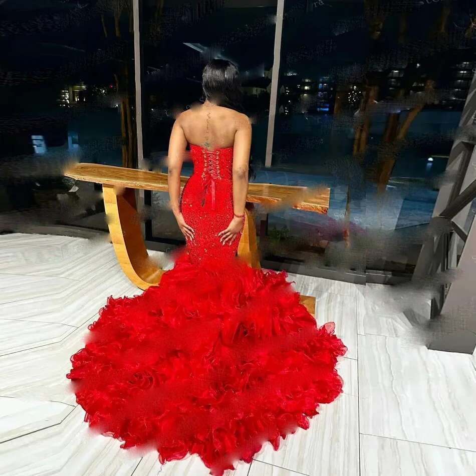 Gorgeous Dresses Beading Red Handmade Off Shoulder Corset Lace Up Aso Ebi Prom Party Dress V Neck Ruffled Dr0318