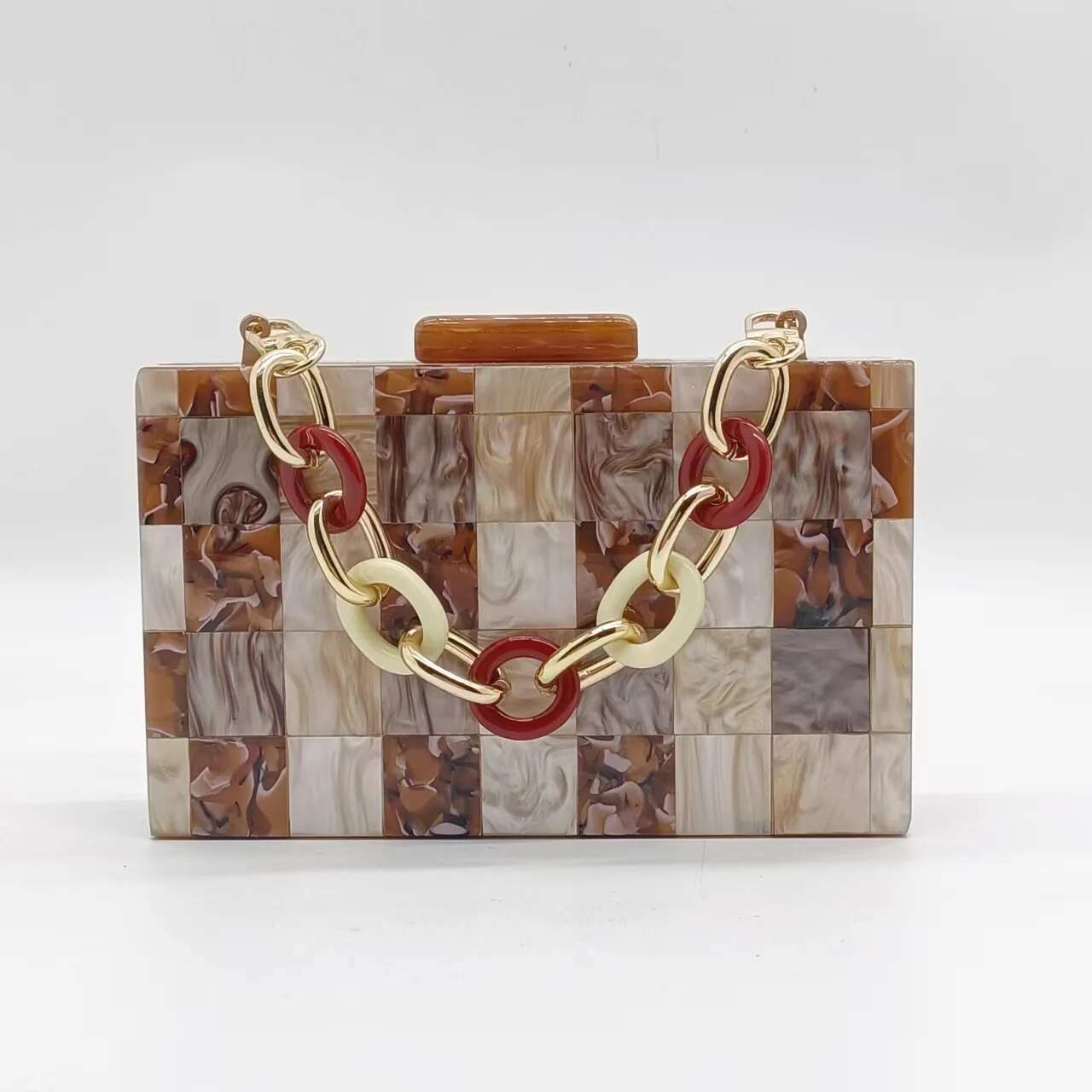 Designer Chain Crossbody Bag Wedding Party Women Wallet Handbags Acrylic Clutch Purse Coffee Plaid Patchwork Evening Bags