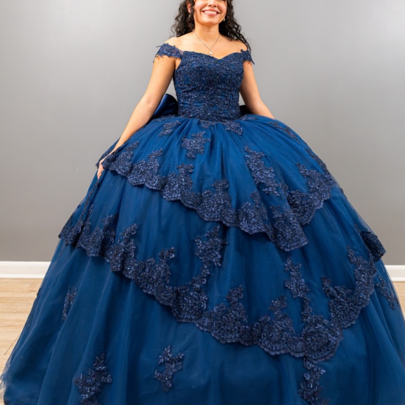 Navy Blue Princess Ball Gown Quinceanera Dresses Off Shoulder Lace Appliques Bow Beads Tull Sweet 16 Dress vestidos de 15 Anos