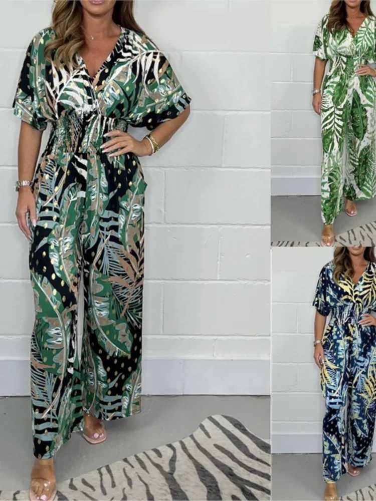 2025 Summer Elegant Womens Printed Folding jumpsuit Fashion V-neck Short Sleeve Elastic Waist Wide Leg Pants Casual Slimming jumpsuit X250318