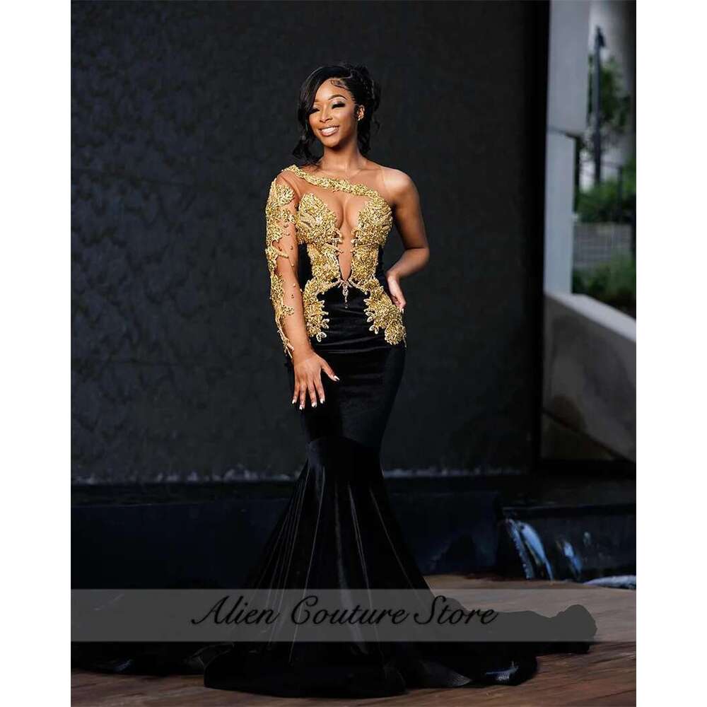 Black Velour Mermaid Prom One Shoulder Beading Gold Crystal Rhie Birthday Dress Women Evening Gown Customized Dr0318