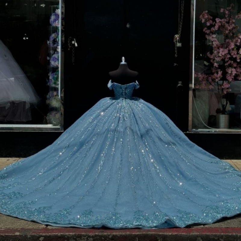 Luxury Sky Blue Quinceanera Dresses Sweetheart Sequin Lace Beads Crystal Tull Ball Gown Vestidos De 15 Anos XV Brithday Sweet 16 Dress