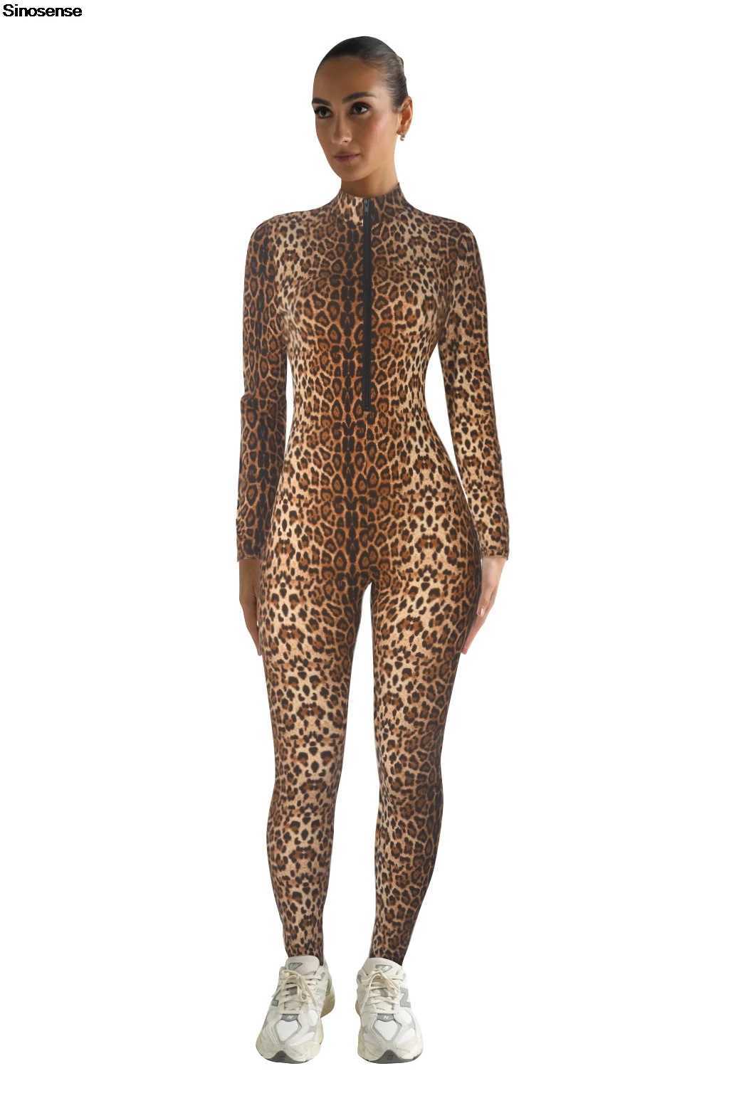 Womens Leopard Print One Piece Workout Jumpsuits Mock Neck Long Sleeve Zip Up Zip Up Romper Sexy Night Out Club Party Outfits X250318