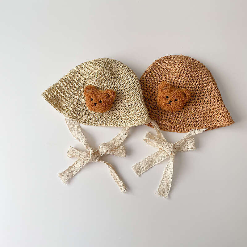 Instagram Cartoon Little Bear Children's Straw Summer Outdoor Sunscreen Sun Princess Baby Travel Strap Sunshade Hat