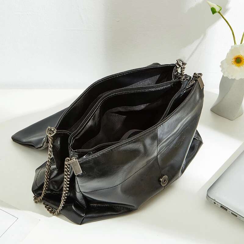 Fashion Metal Women's Chain Shoulder Crossbody Simple Pu Sewing Solid Color Flip Messenger Bag, Classic Busine Bag,