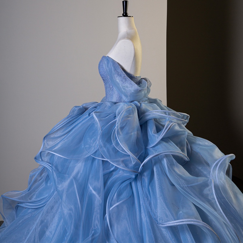 Blue Shiny Princess Ball Gown Quinceanera Dresses Crystals Beading Tull Tiered Sweet 16 Dress vestidos de 15 anos