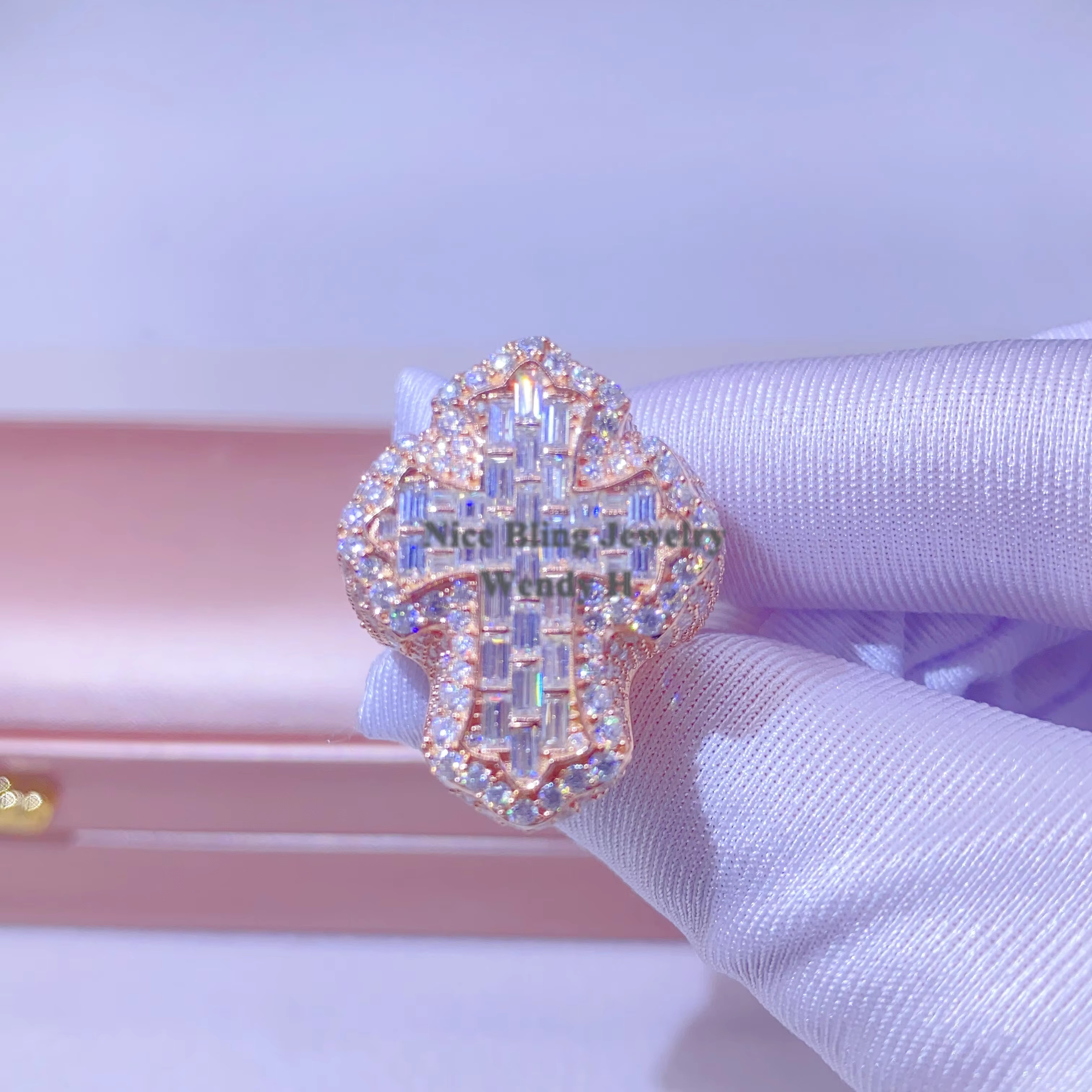 Gold Plated baguette Style Cross Vvs Moissanite Diamond 925 Sterling Silver Rings for Men Hip Hop Fashion Jewelry Ring