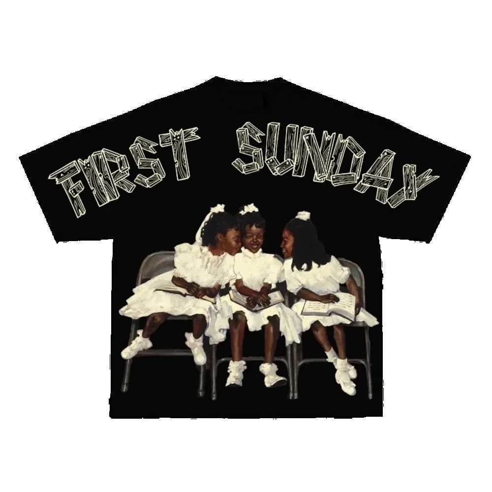 Y2K Short Sleeves Vintage Tee Children First Sunday Print Graphic Cotton T-Shirt Men Oversize Tshirt Streetwear Women TopsXJ250318