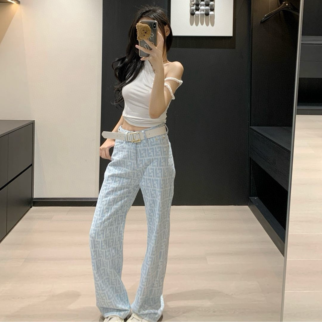 Basic & Casual Dresses Spring/summer Ff Double f Letter Color Thread Jacquard Cowboy Straight Leg Pants
