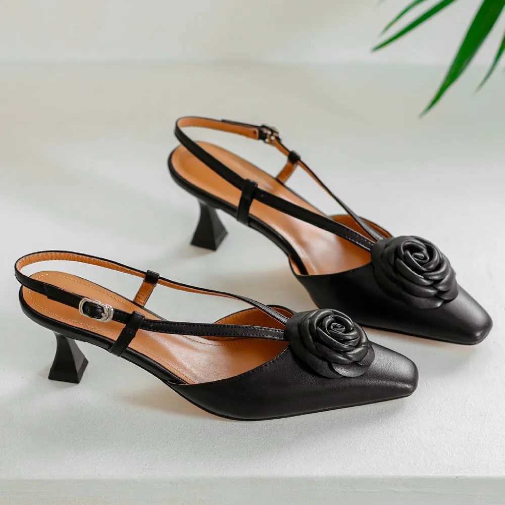 Warm leather high-heeled shoes toe slip back summer pump elegant womens slim daily dress sandals floral shoes Y250317