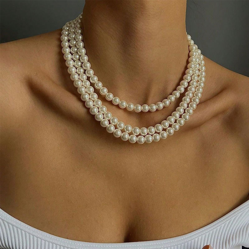Three Layers With 8mm Imitation Pearl Necklace Women's Multi-layer Senior Sense Choker Collarbone Chain Jewelry