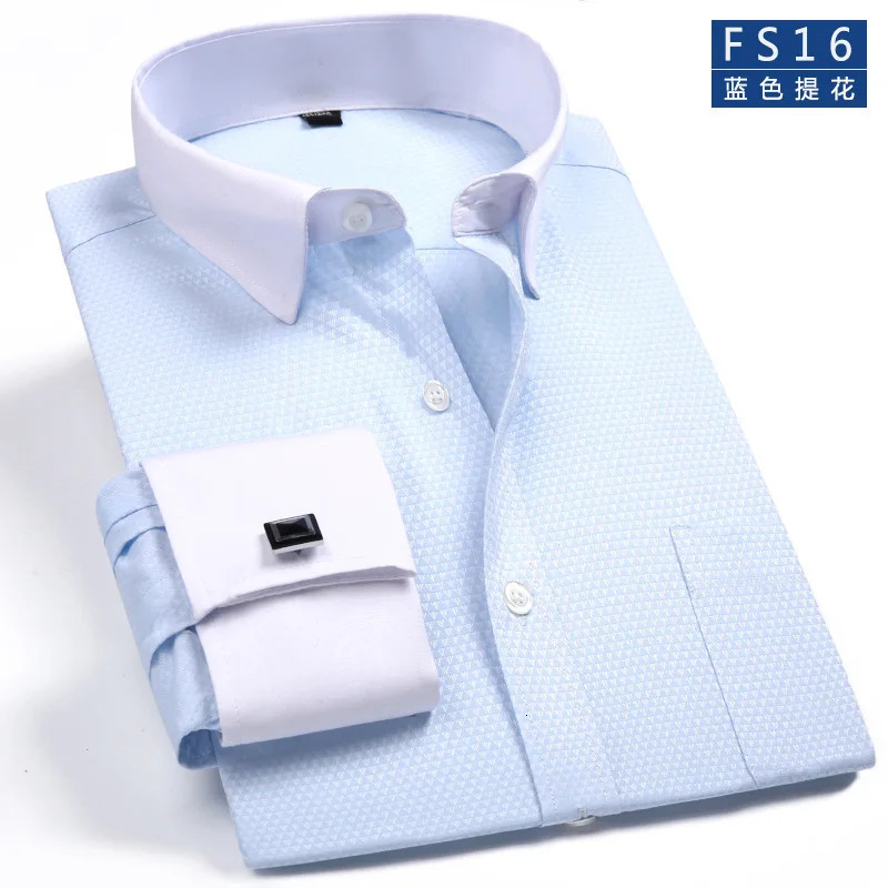 Mens Classic French Cuffs Social Dress Shirt Formal Business Standard-fit Long Sleeve Wedding Party Office Work White Shirts 250318