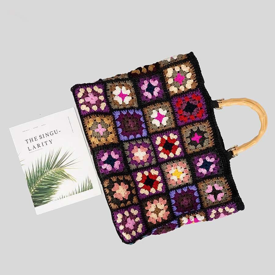 Vintage Crochet Granny Square Tote Designer Bamboon Handle Women Handbags Knitted Handmade Woven Big Shopper Purses 2023 Bag