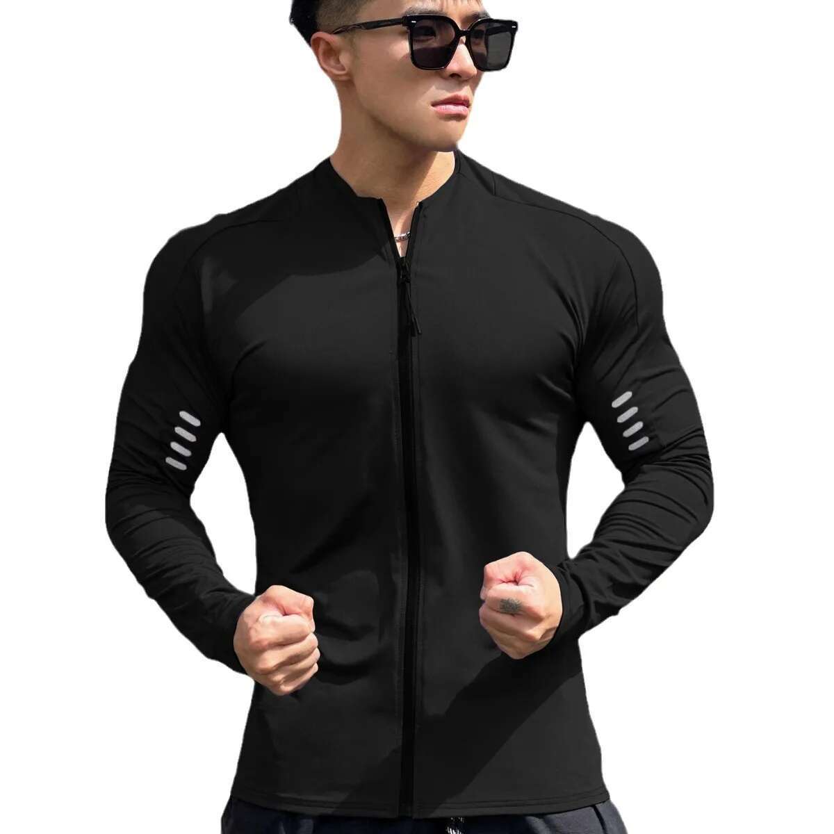 Mens Gym Sports Compression Shirt Casual Quick Dry Fiess Clothing Zipper Sweatshirt Slim Training Running Long Sleeve T-Shirt