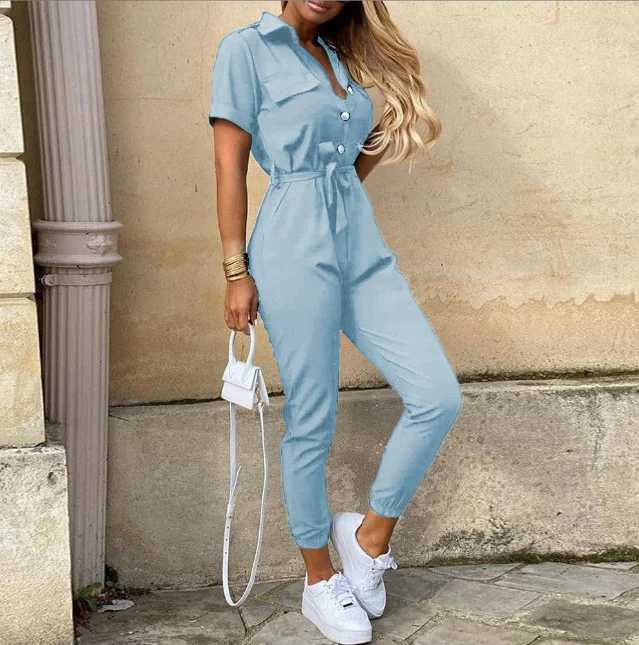 Casual Short Slve Jumpsuit Office Lady Spring Summer Fashion Elegant Solid Lace Up Jumpsuits For Women 2023 One Piece Rompers X250318