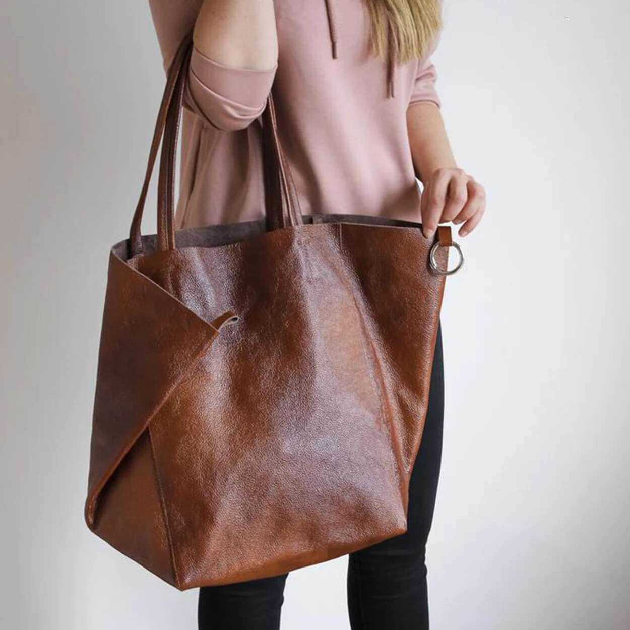 Retro 2 Set Shoulder High Capacity Tote Bags Metal Button Handbags Solid Color Multifunction Beach Bag For Ladies